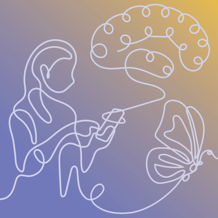 Continuous line art: person with phone, brain, and butterfly on gradient background.