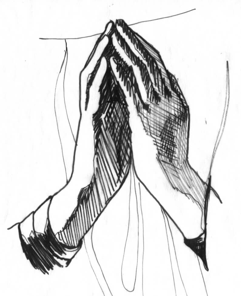 Illustration of two hands in a prayer position, black ink drawing.