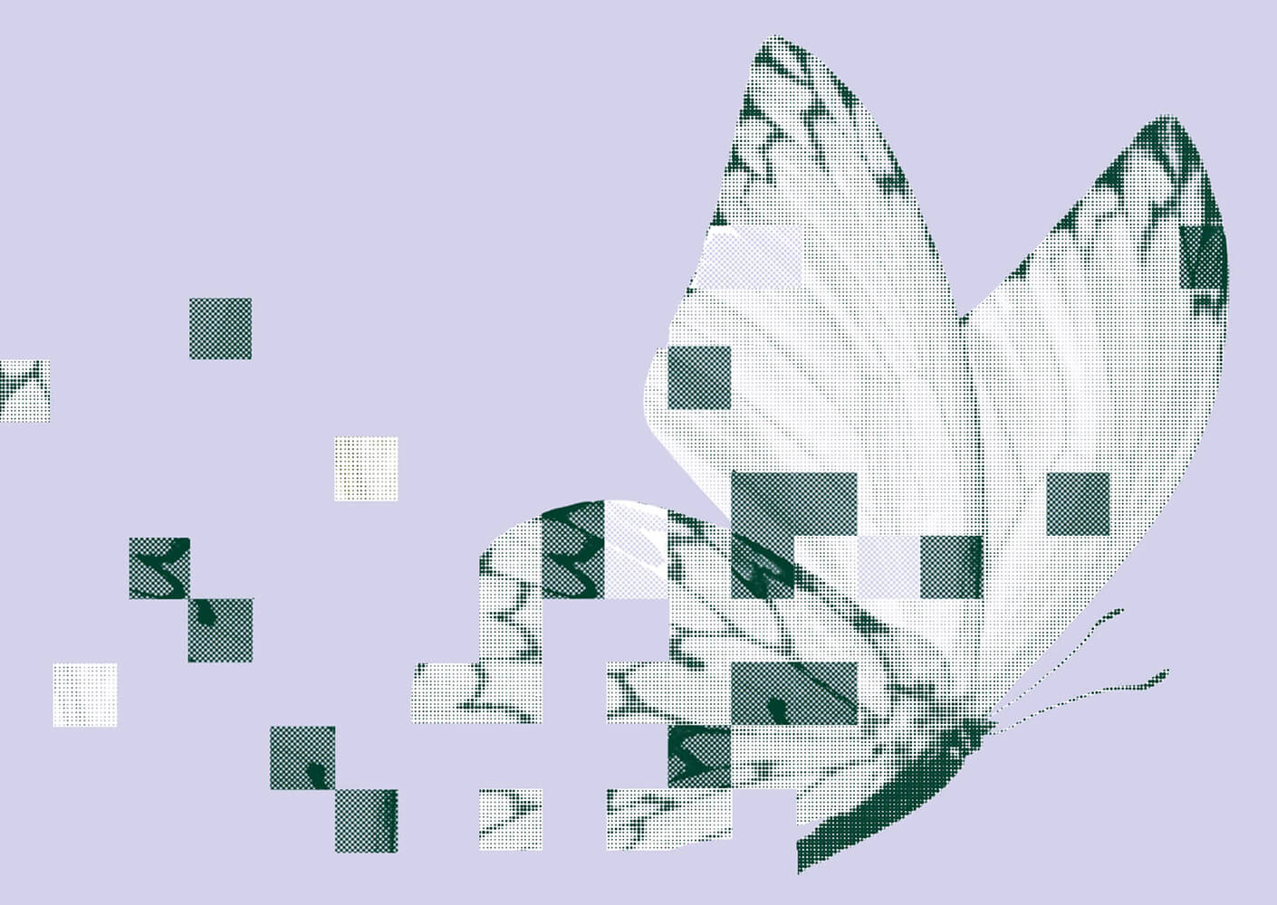 Abstract digital butterfly with pixelated effect on lavender background.