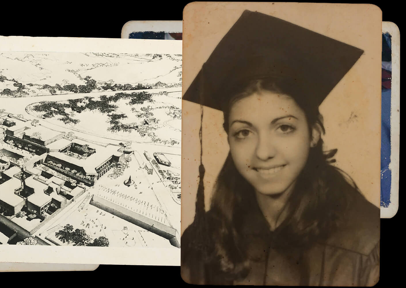 Vintage graduation portrait beside architectural drawing.