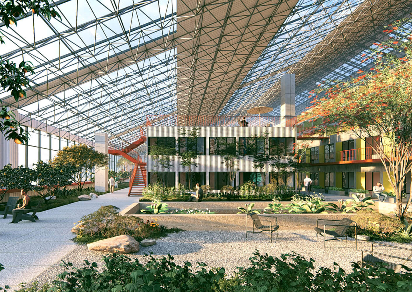 Modern greenhouse with plants, natural light, and people enjoying the space.