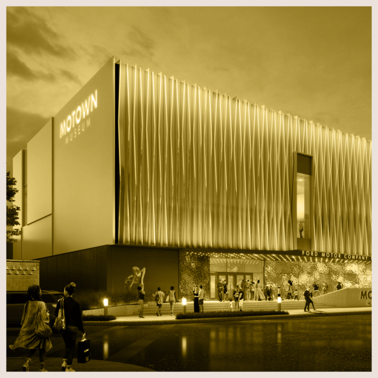 Motown Museum exterior view with visitors at dusk, showcasing modern design and iconic sign.