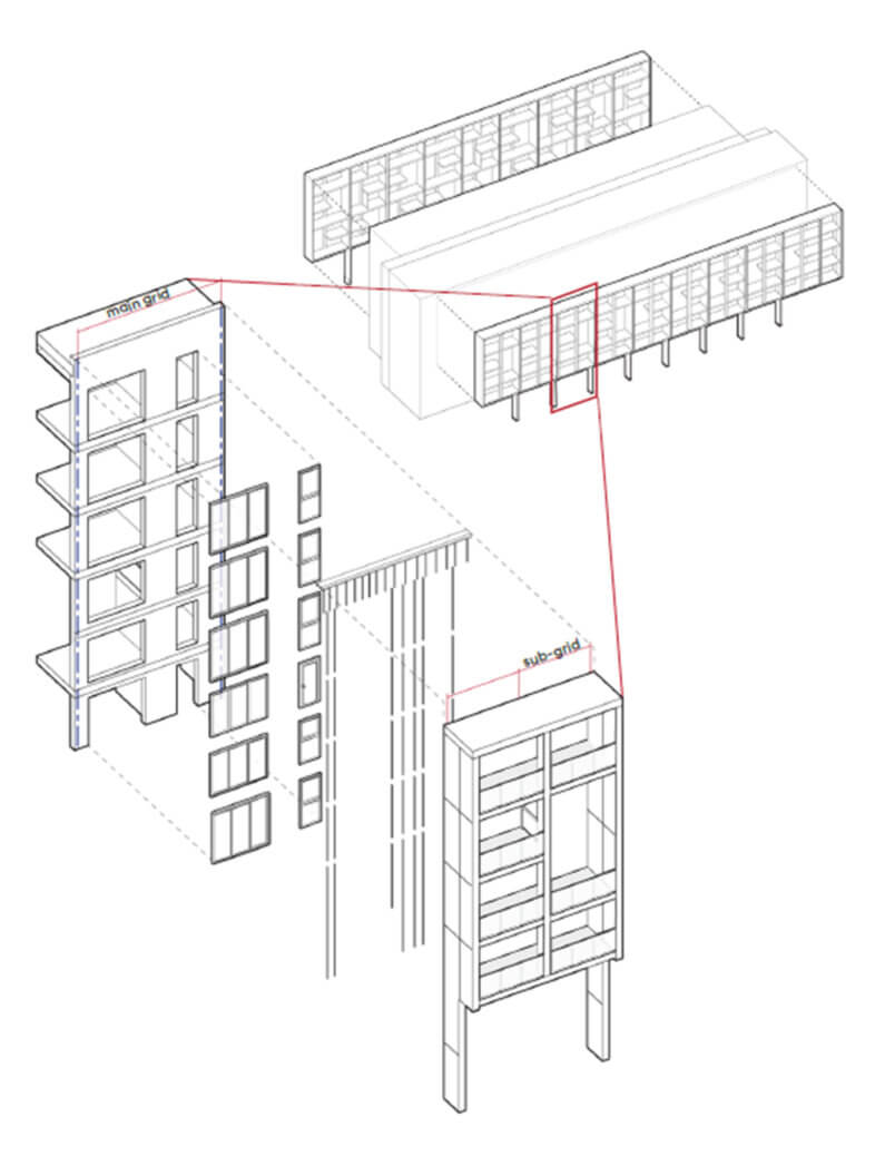 Diagram of building grid structure with sub-grid highlighted in detail.