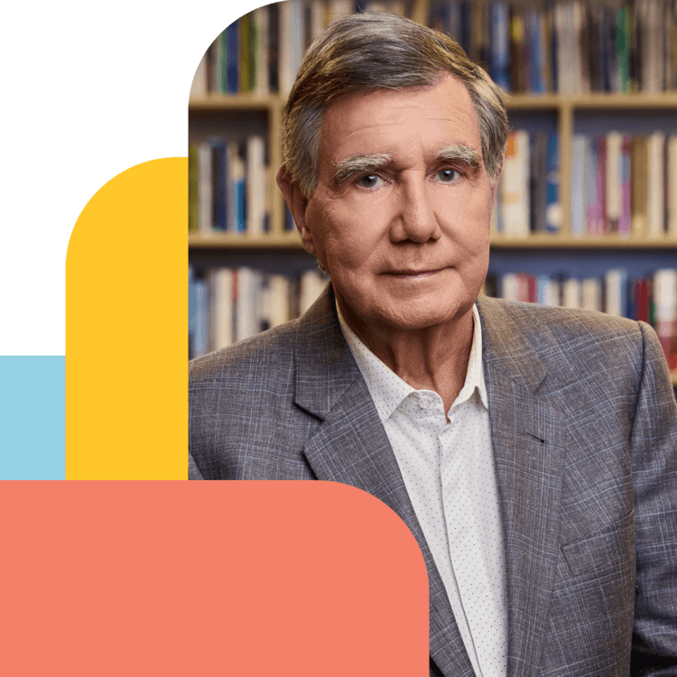 Headshot of José in suit with bookshelf background and colorful geometric overlay.