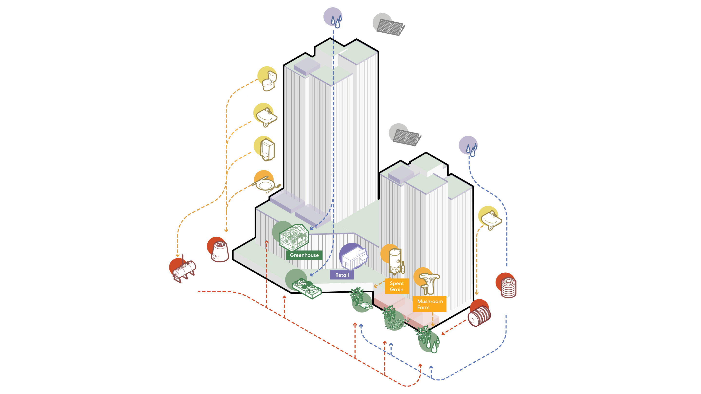 Circular urban farming ecosystem diagram with waste management and sustainable energy flow.