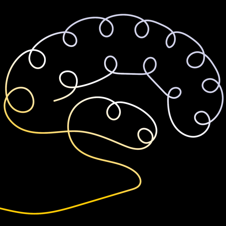 Abstract brain outline with colorful curving lines on a black background.