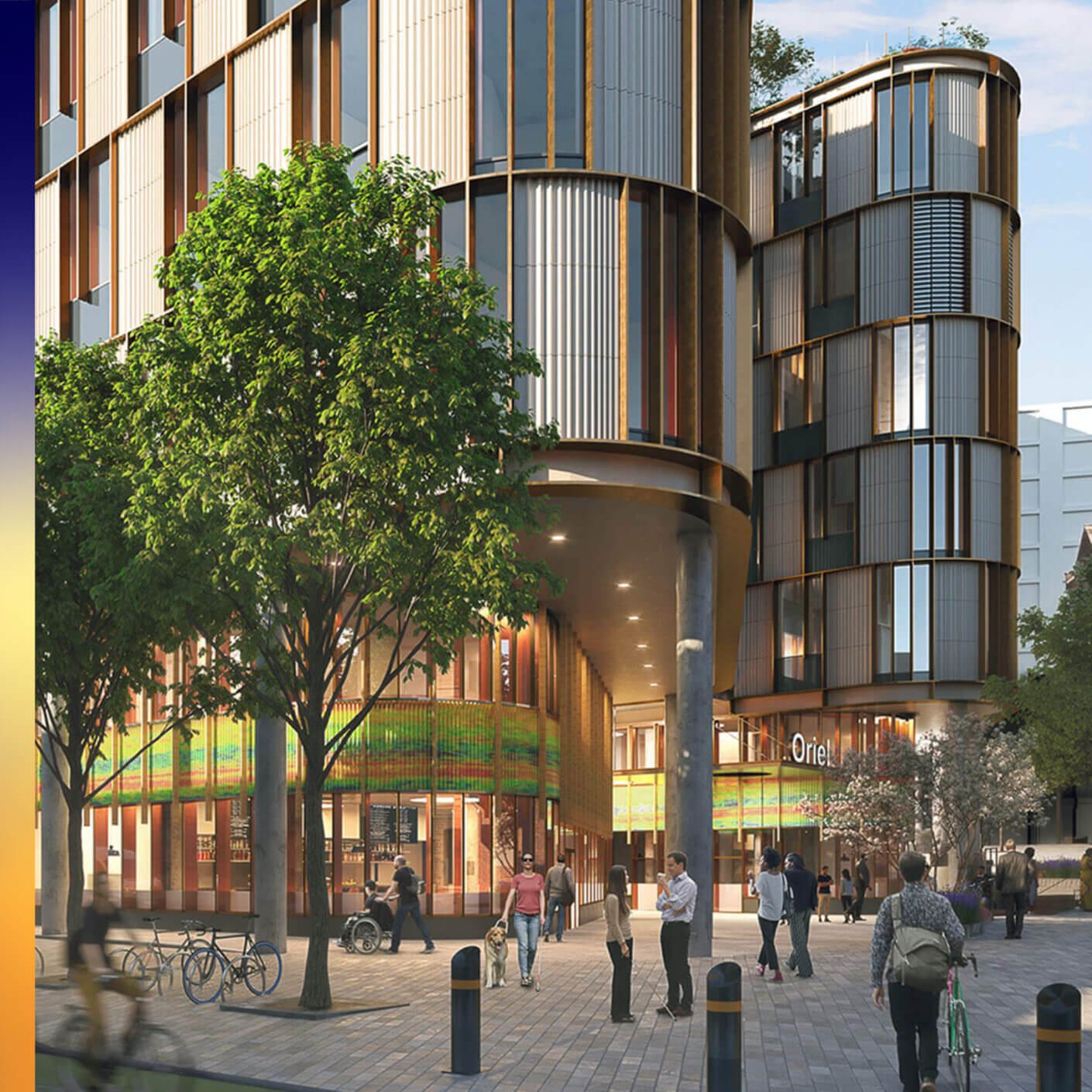Modern lab building facade with people walking and cycling outside, trees lining the street.