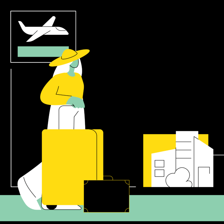 Illustration of a woman with luggage preparing for a trip