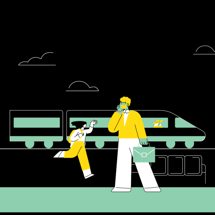Illustration of a train platform with people catching the train