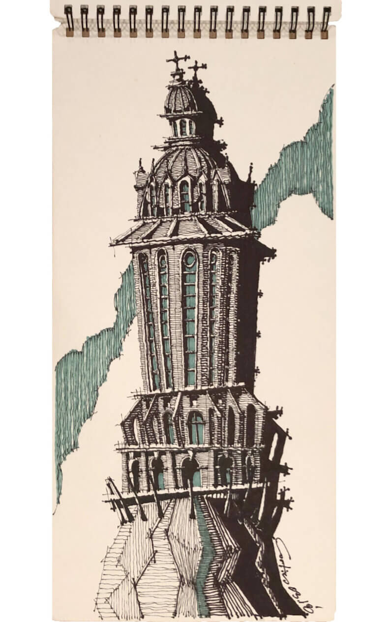 Futuristic sketch of a tower with cross detail and green accents.