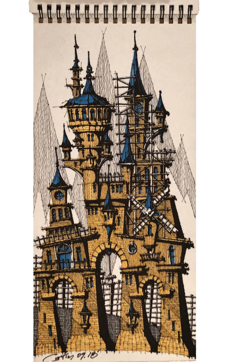 Fantasy castle sketch with intricate blue and gold towers.