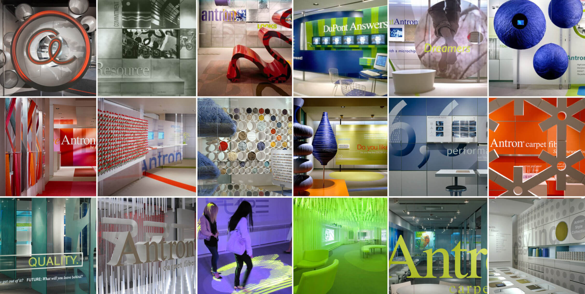 Collage of colorful, modern Antron showrooms and displays.