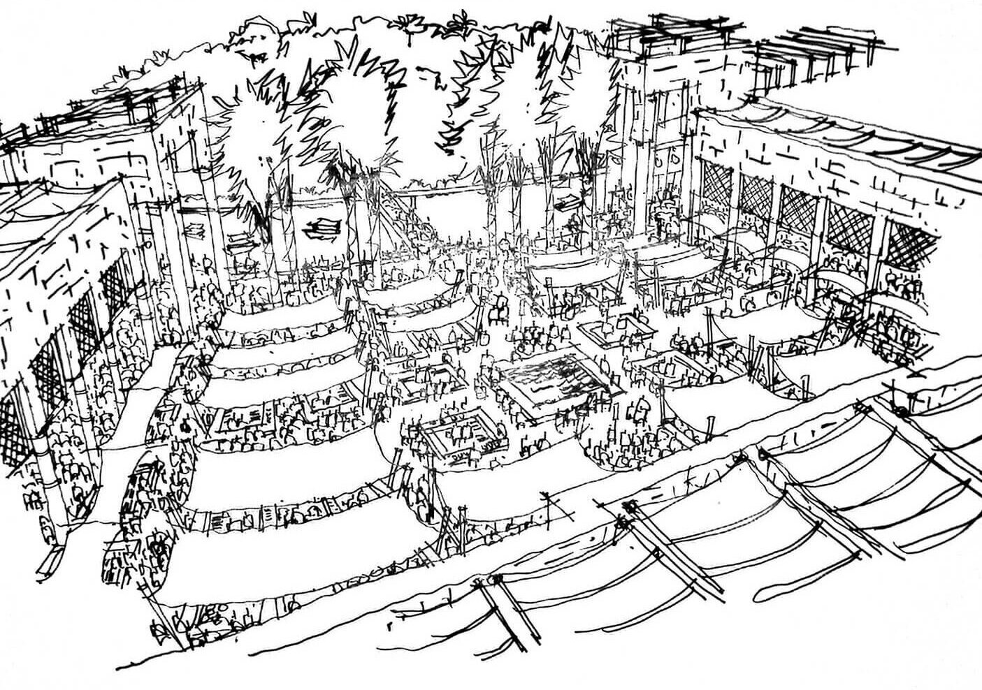 market sketch with outdoor seating and canopy covers, bustling with people.