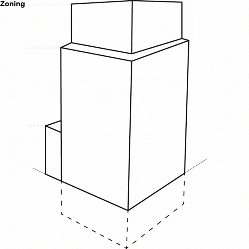 Massing diagram of a building with transitions to show a carved program.