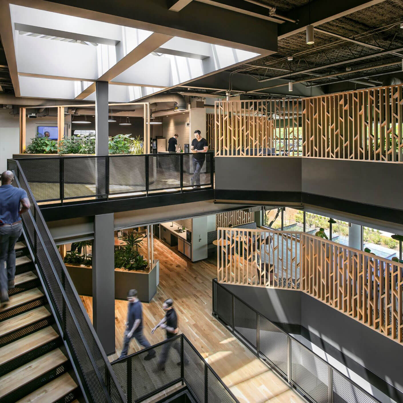 Modern open-space office with greenery and natural light.