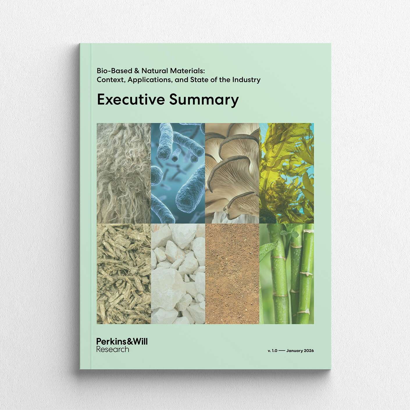 Executive Summary Cover: Bio-Based Materials, Perkins&Will Research, 2026 Edition.