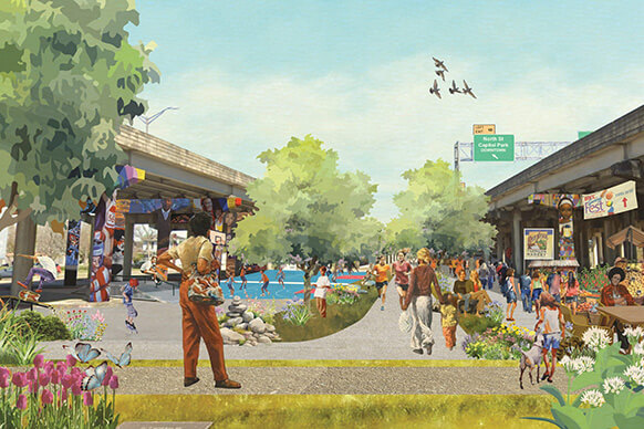 Community gathering in a vibrant urban park with flowers, markets, and scenic pathways.