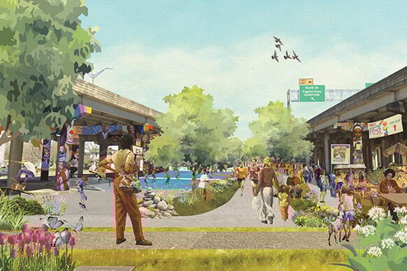 Community gathering in a vibrant urban park with flowers, markets, and scenic pathways. 