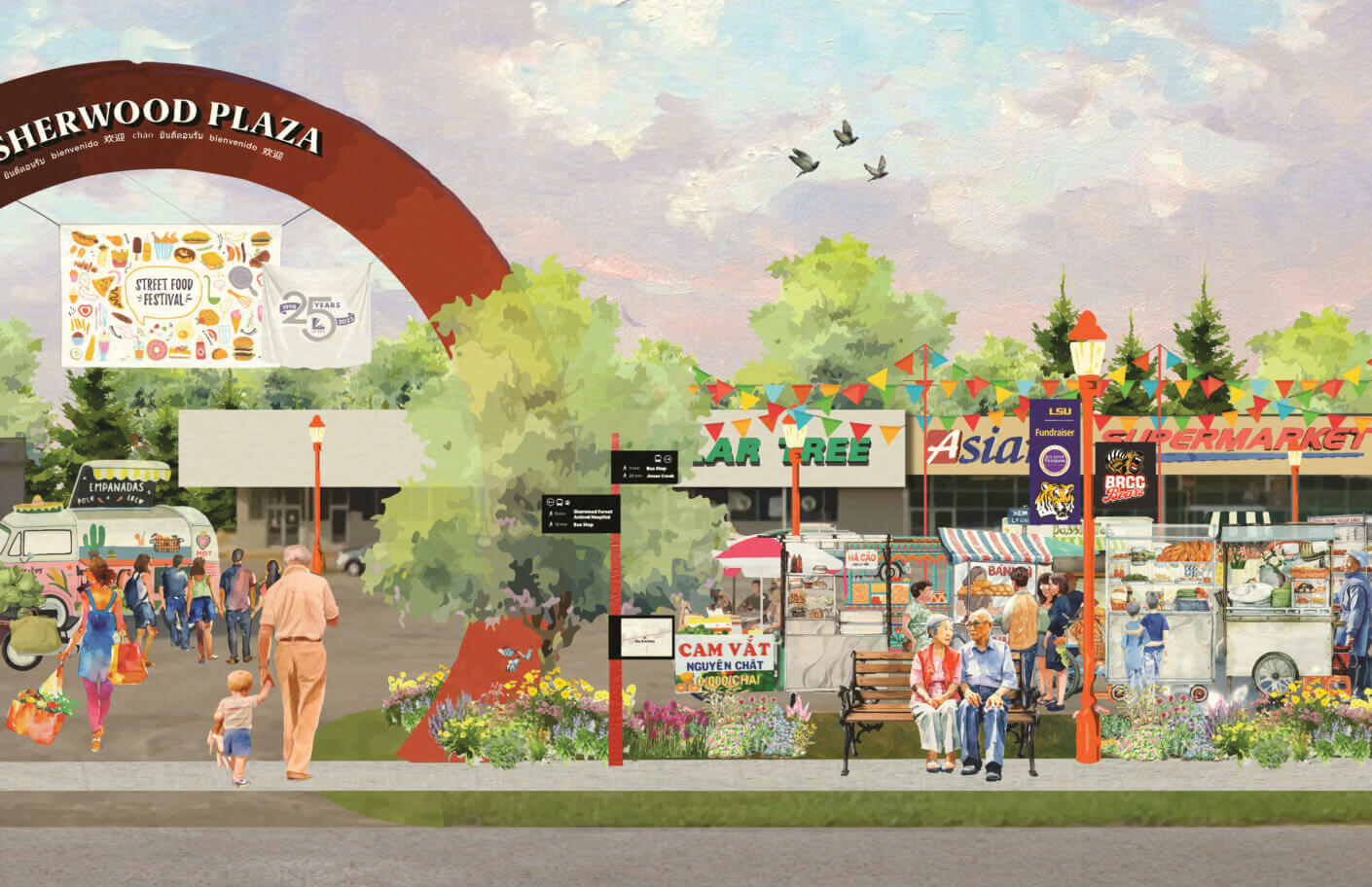 Vibrant street food festival scene at Sherwood Plaza with bustling market stalls.