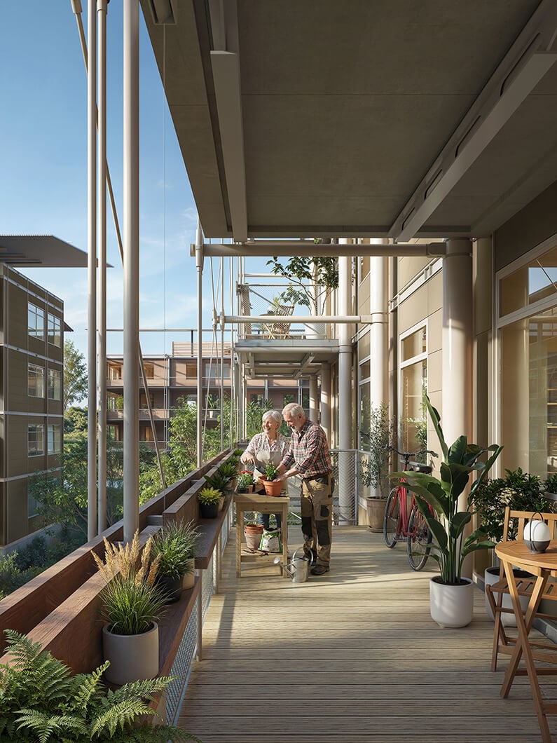 Elderly couple gardening on a modern balcony, surrounded by plants and natural light.