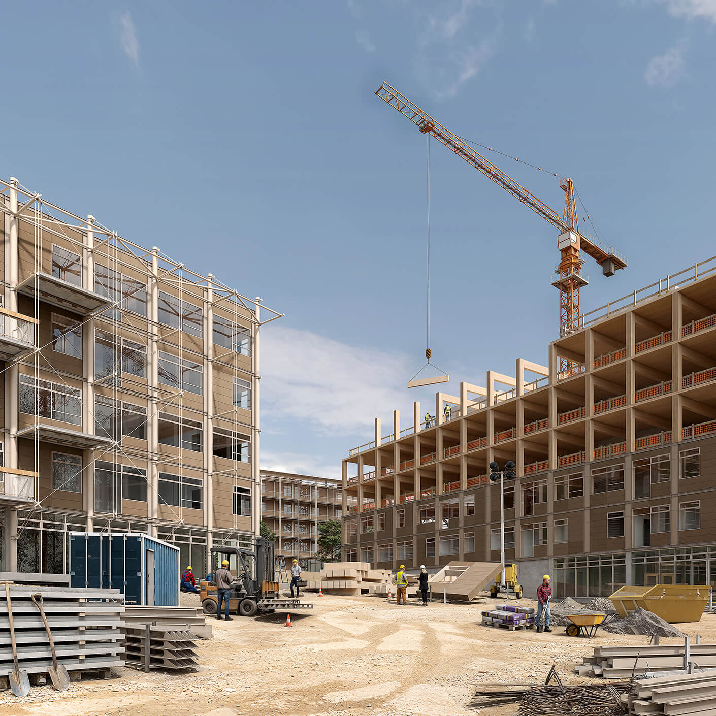Construction site with workers, cranes, and scaffolding at an apartment complex.