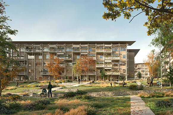 Modern apartment complex surrounded by greenery, pathways, and people enjoying outdoor spaces.