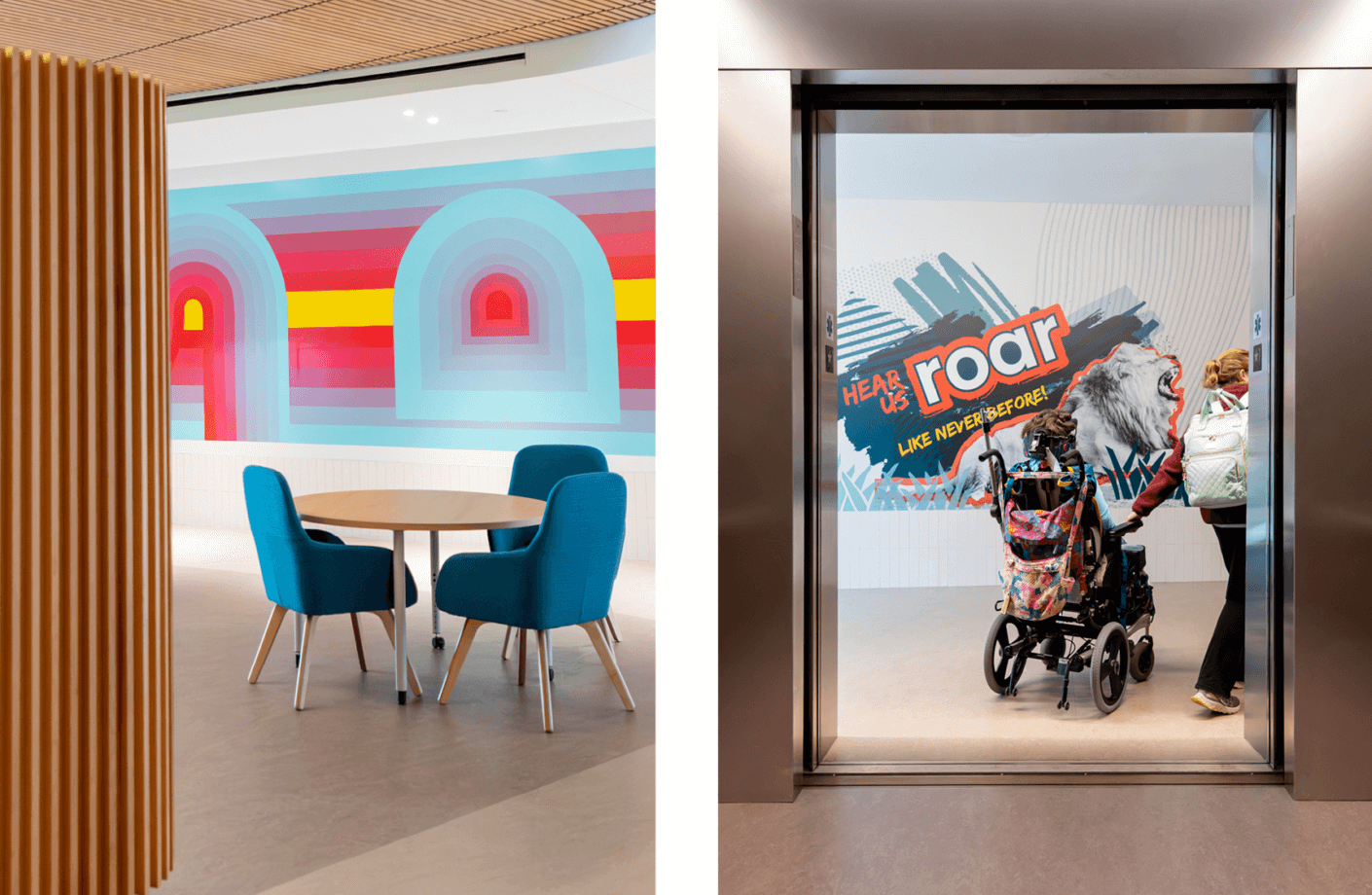 Colorful interior space featuring a mural and visitor entering an elevator with a wheelchair.