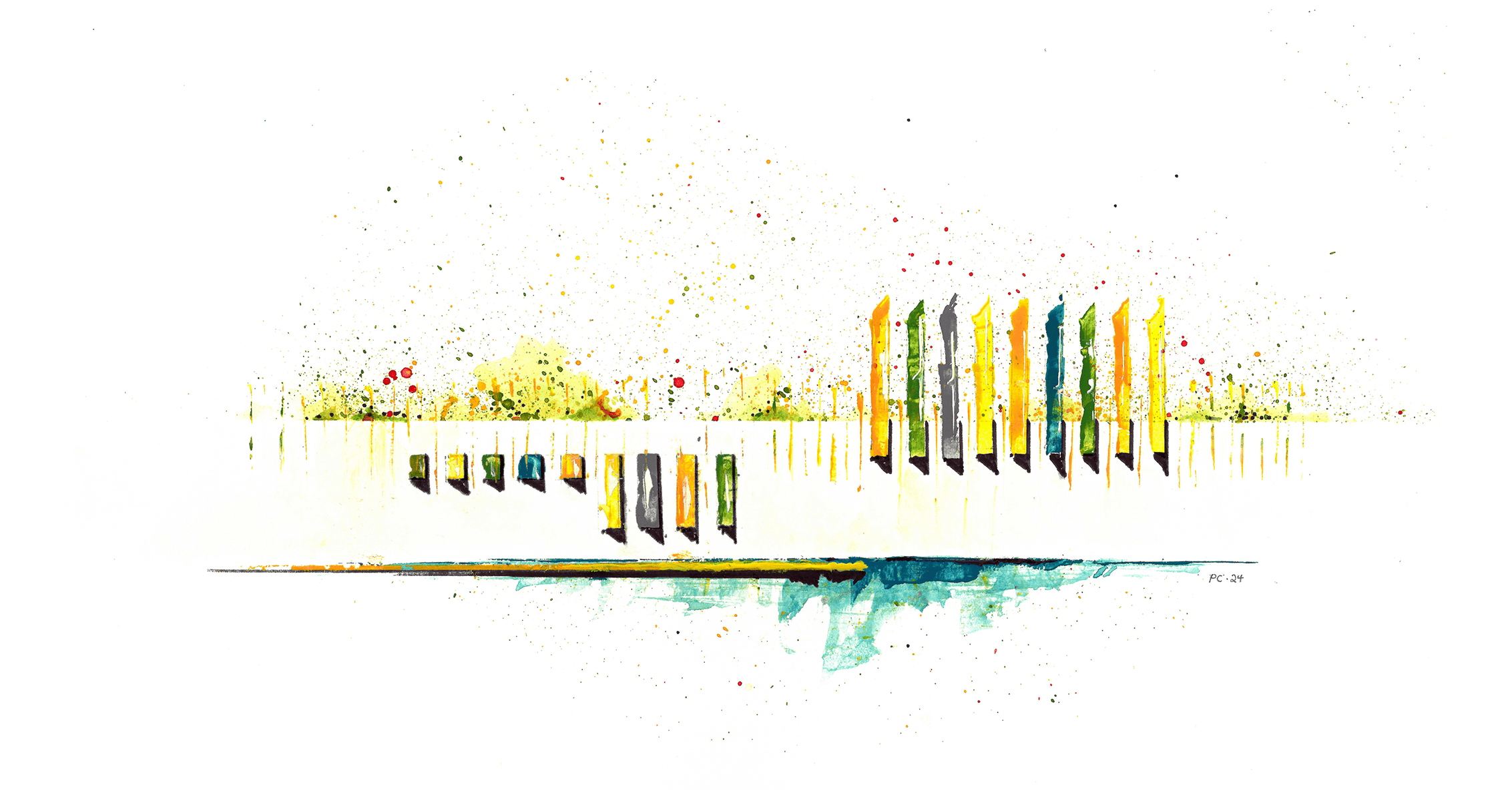 Colorful abstract art with vertical lines and splashes of paint on a white background.