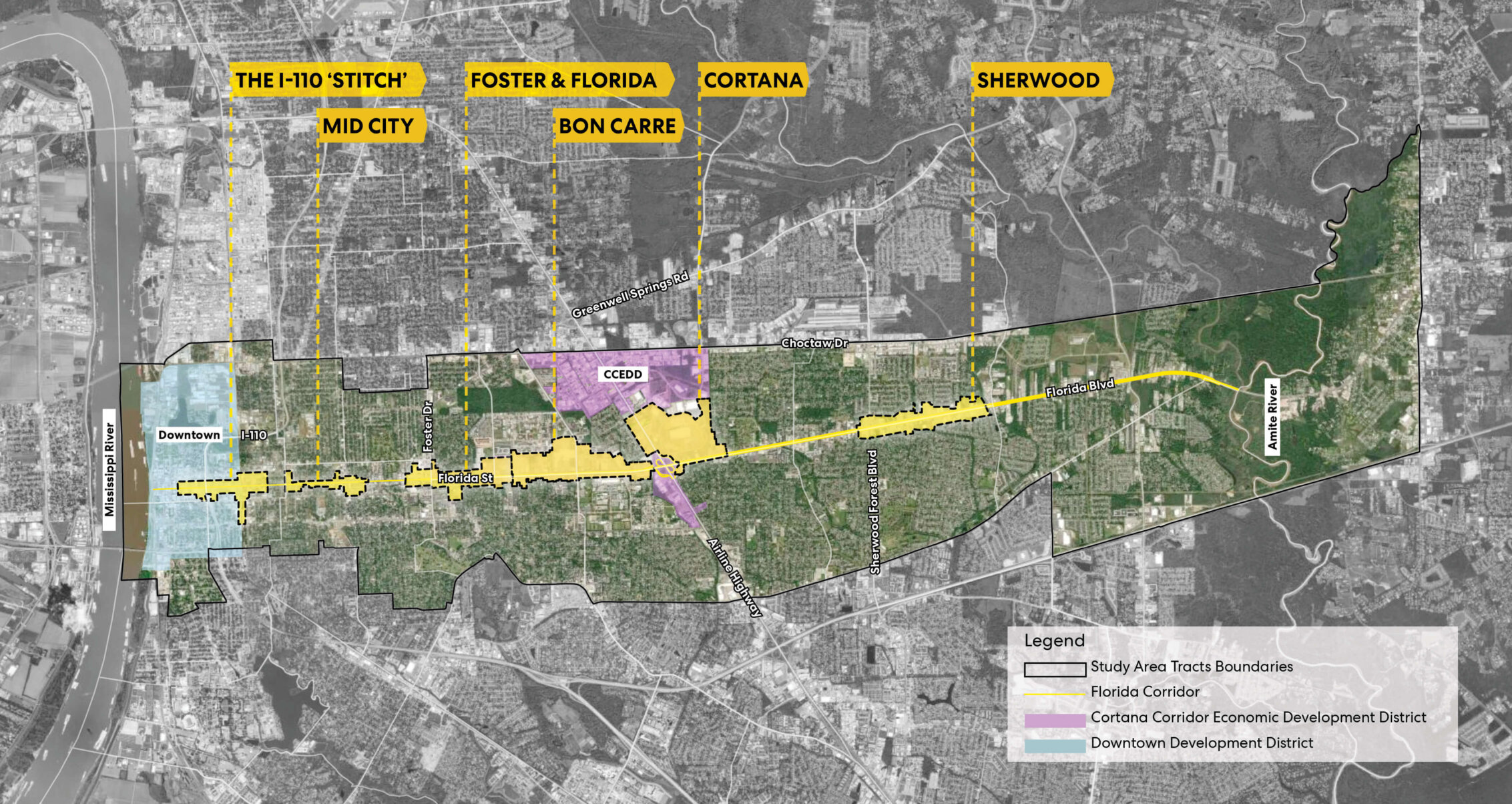 Map of Baton Rouge highlighting key areas and development districts along the Florida Corridor.