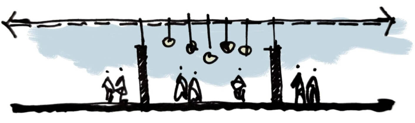 Minimalist illustration of people in a transit setting with hanging supports.