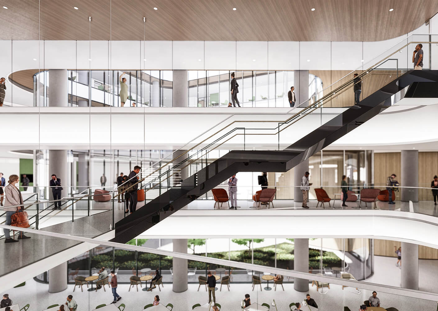 Modern office interior featuring a sleek staircase and busy professionals in casual settings.