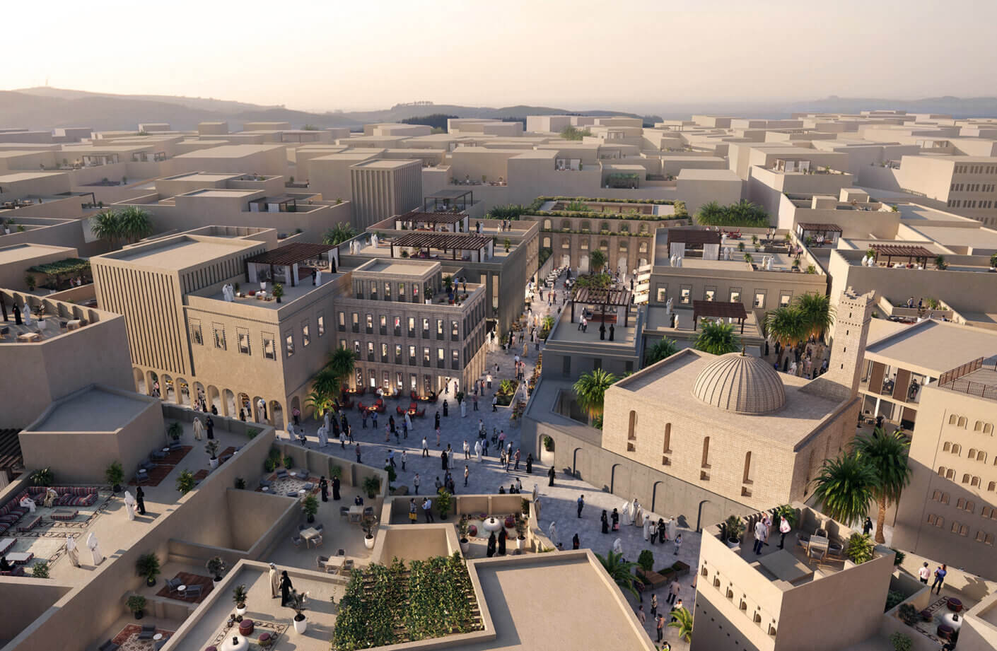 Modern urban development featuring traditional architecture and vibrant outdoor spaces.