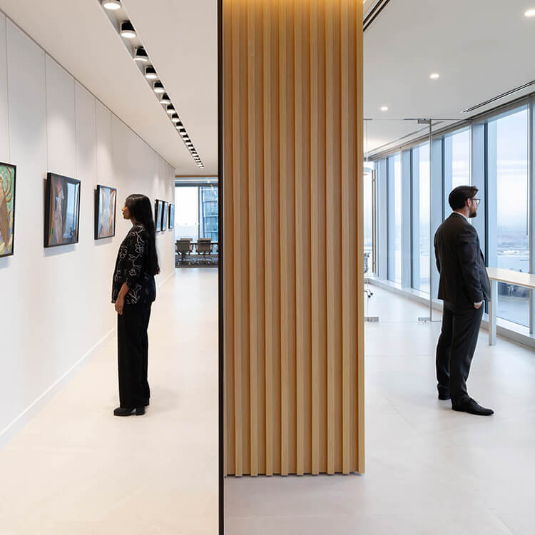 Office art gallery and city view through large windows