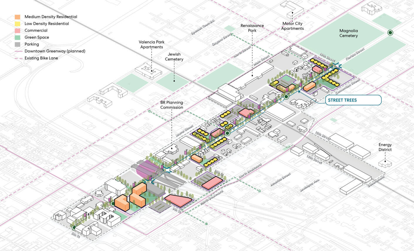 Urban planning map showing residential areas, parks, and green spaces, with street trees.