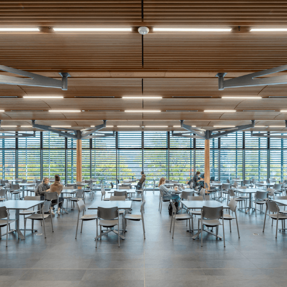 Modern cafeteria with large windows, wooden beams, and patrons enjoying their meals.