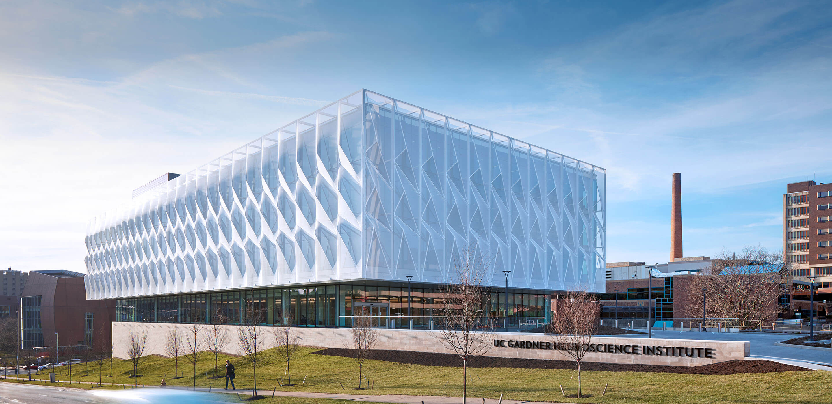 The UC Gardner Neuroscience Institute features modern architecture and an expansive glass facade.