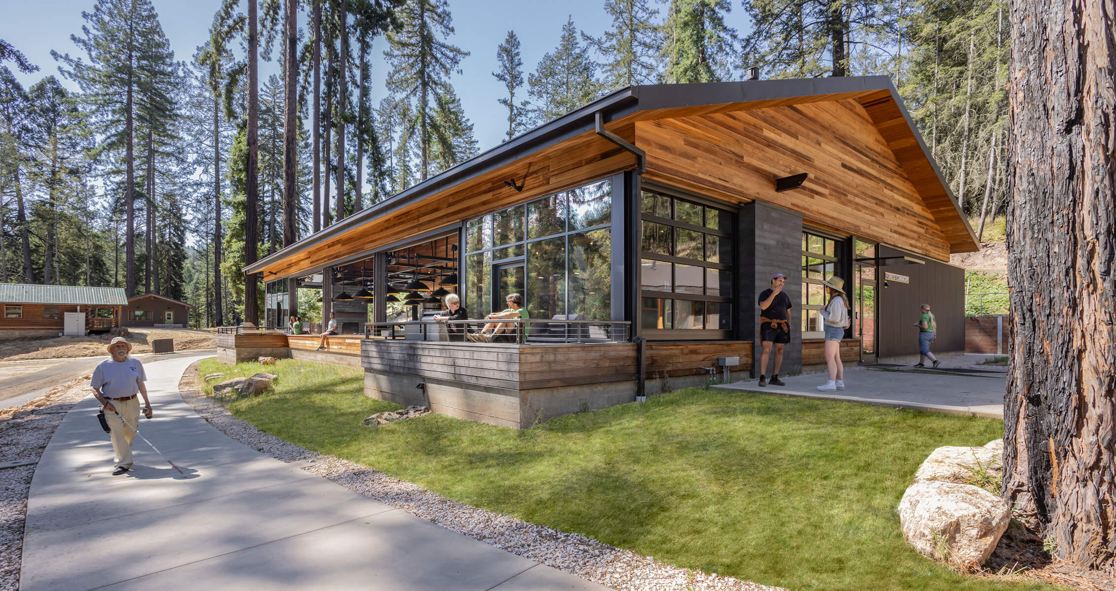 Modern wooden building surrounded by tall trees with people enjoying the outdoor space.