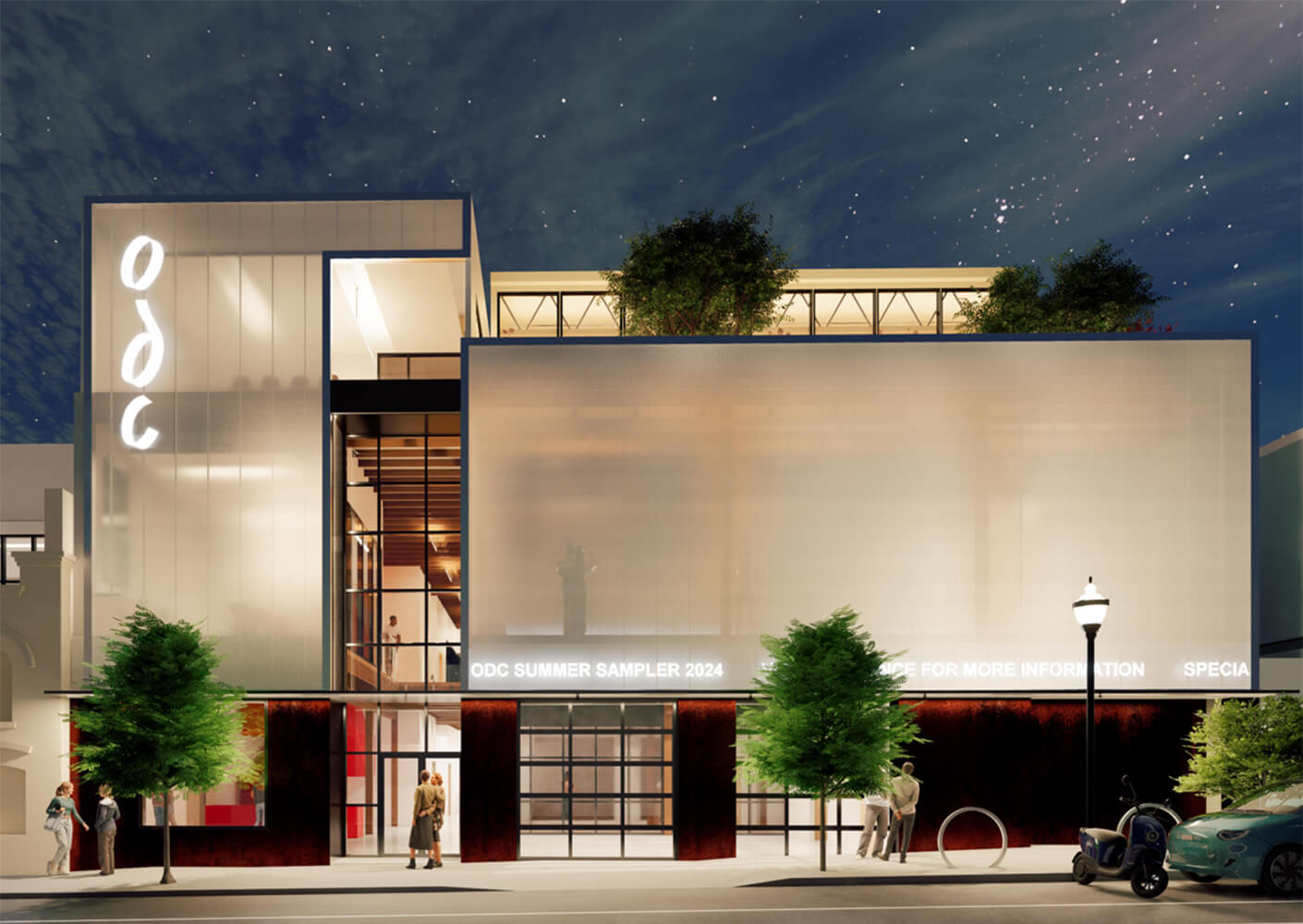 Modern building facade of ODC for 2024 Summer Sampler event at night.