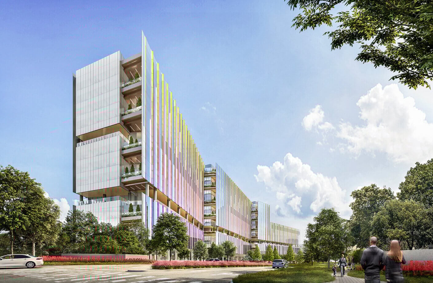 Modern hospital render with colorful facade and landscaped surroundings.