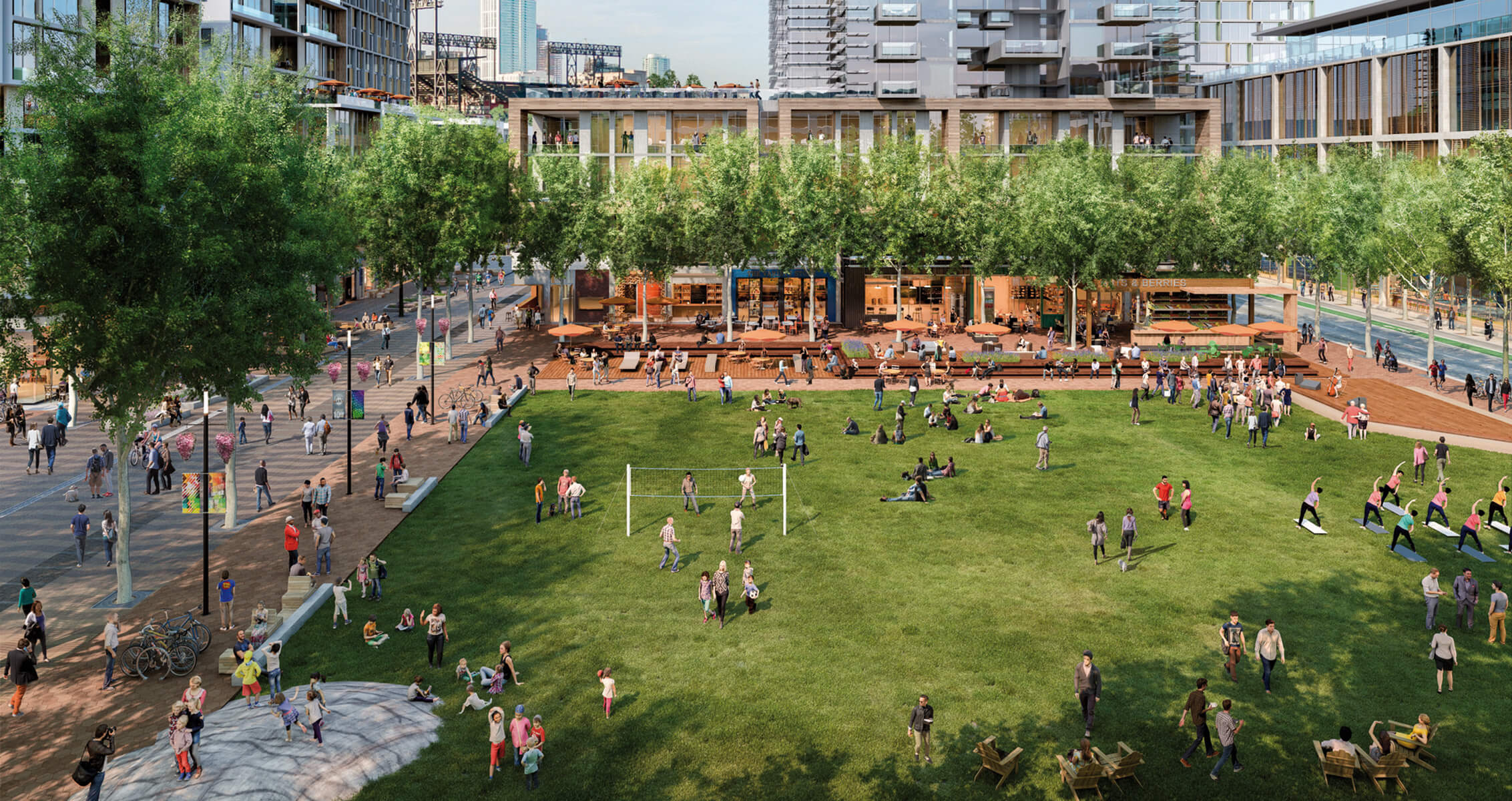 Urban plaza featuring landscaped spaces, residential and commercial buildings, and integrated walking paths, fostering community interaction and recreation.