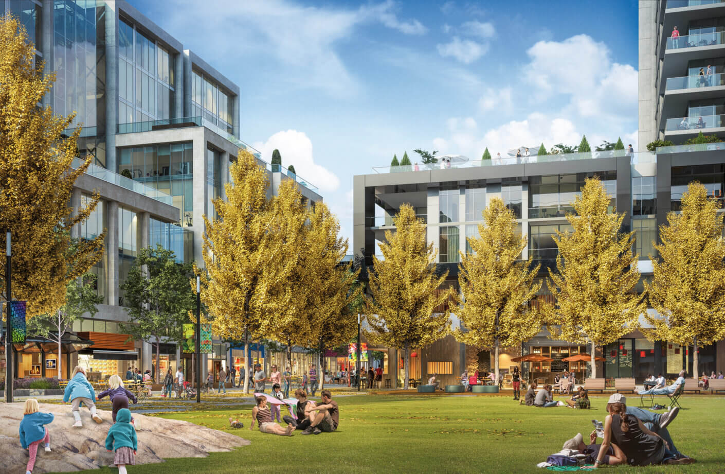 Architectural view showcasing glass and concrete structures, integrating green spaces and vibrant street-level activity in an urban environment.