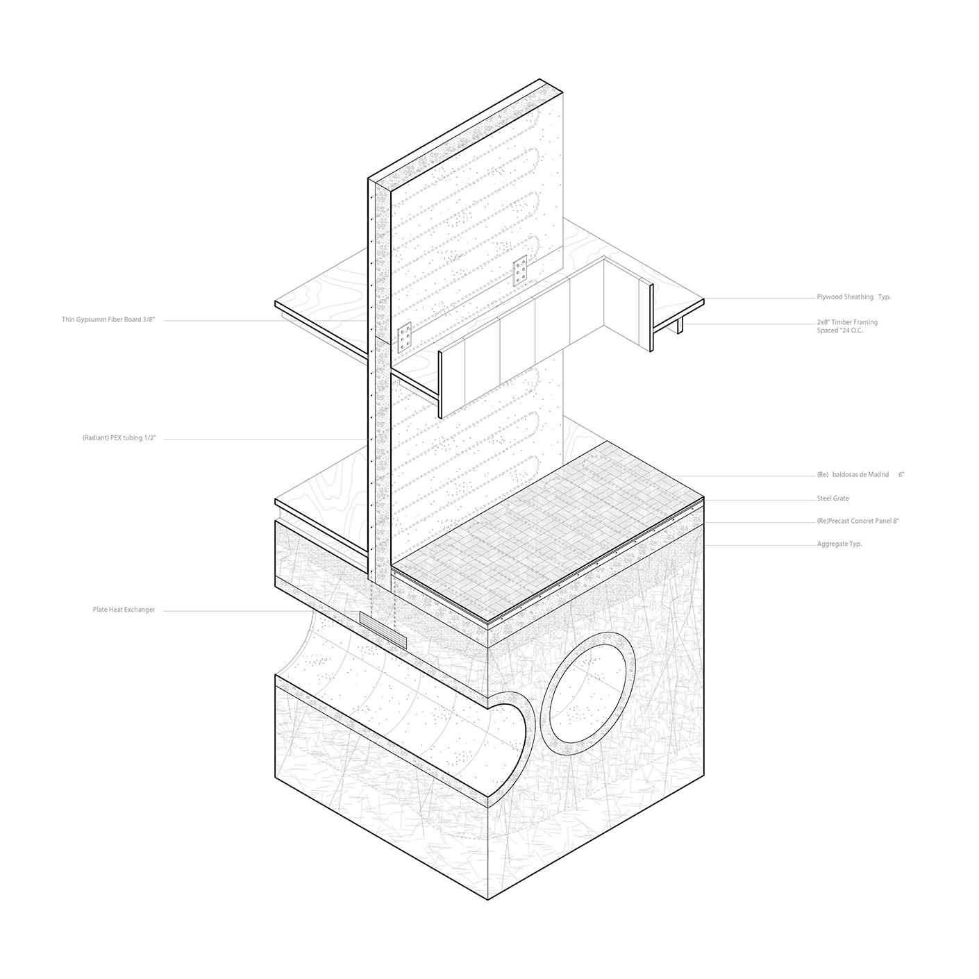 Detailed architectural drawing showing sections and materials used in construction, including gypsum board, plywood sheathing, and a plate heat exchanger.