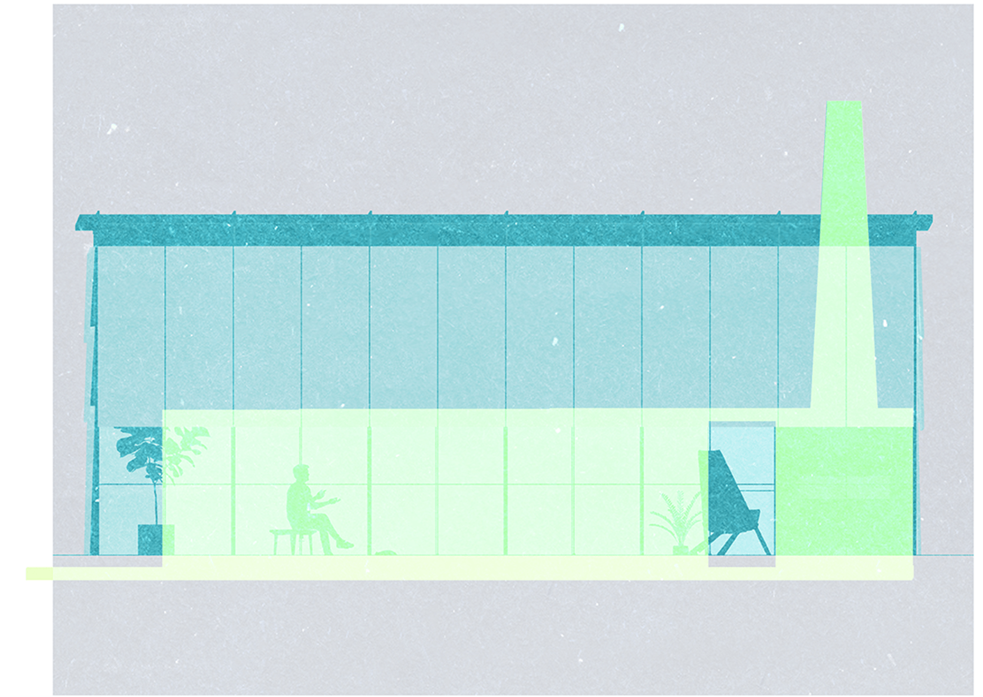Illustration of a building's cross-section featuring large glass walls, a seated figure, plants, and a piano, depicting an open space.