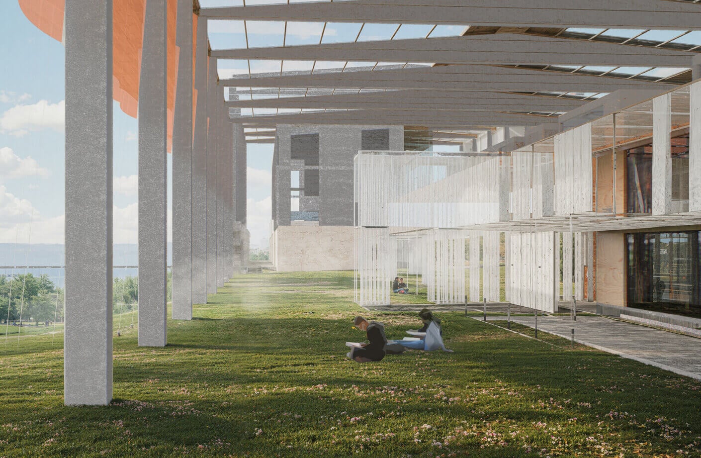 A spacious architectural design featuring large pillars, glass elements, and green grass where people sit and read under a covered area.