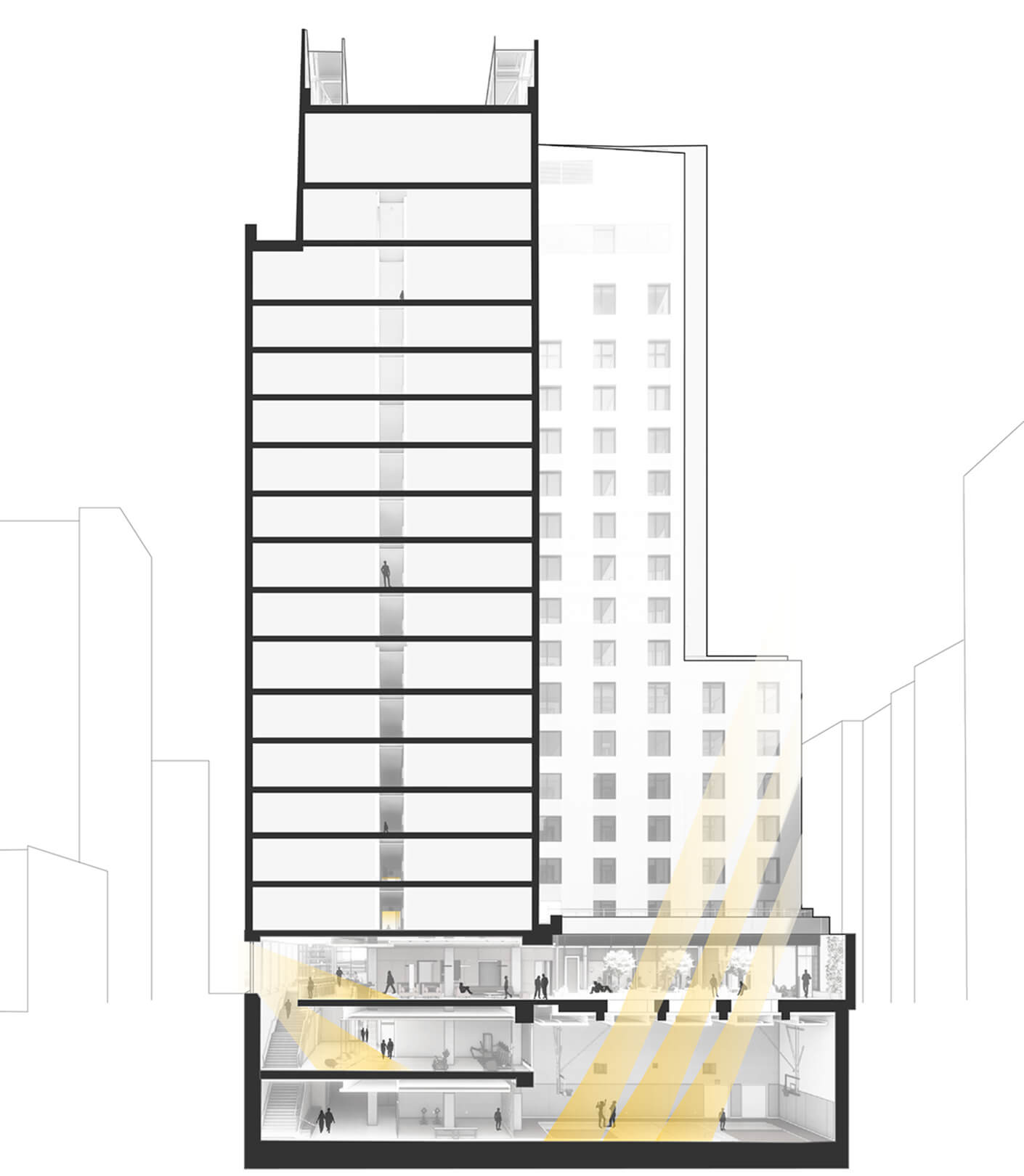 Building section illustration showing various floors with people, natural light, and distinct architectural elements. Features space for activities and offices.