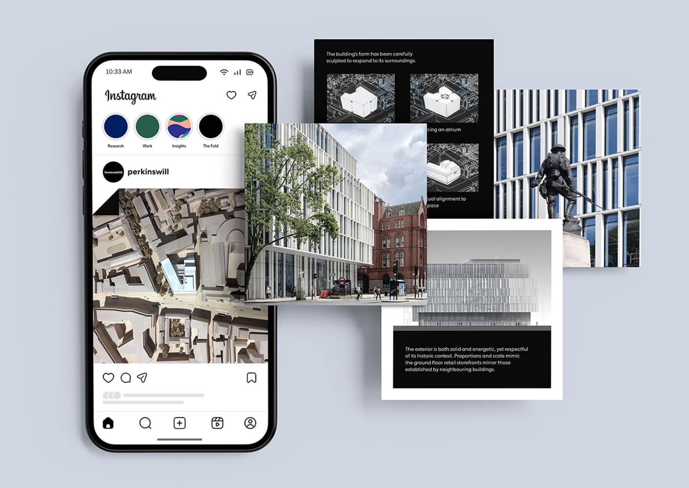 A smartphone displaying an Instagram feed with images of architectural models and building designs by Perkins&Will, showcasing various perspectives.