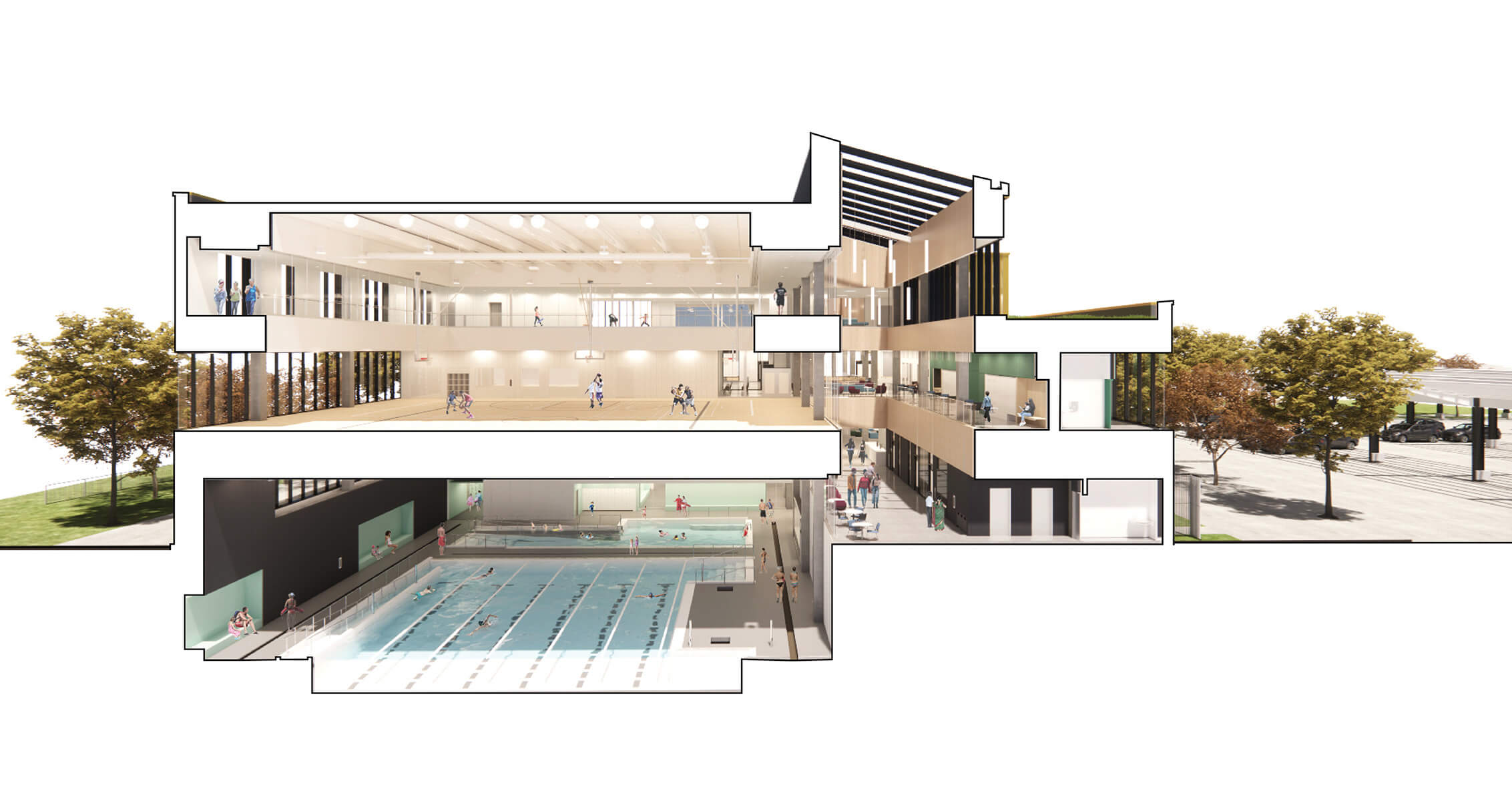 Cross section of a community sports facility featuring a gymnasium, swimming pool, and multipurpose spaces, surrounded by trees and parking.