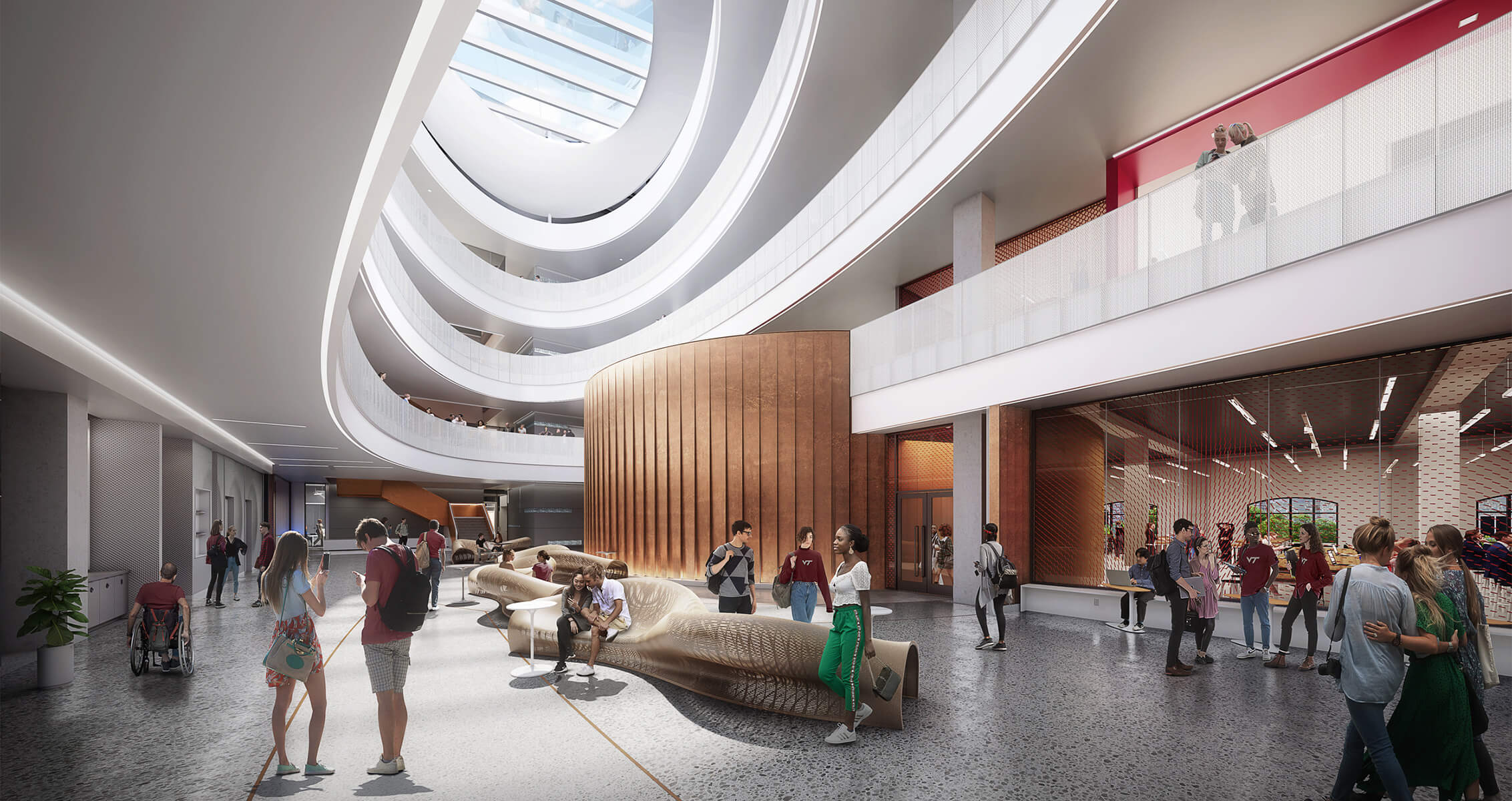 Interior view of an architectural space featuring a curved design, people interacting, and unique seating arrangements. Large windows provide natural light.