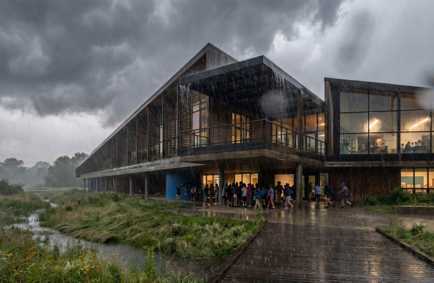 Students gather outside a building during heavy rain, with dark clouds overhead and lush greenery around the structure.
