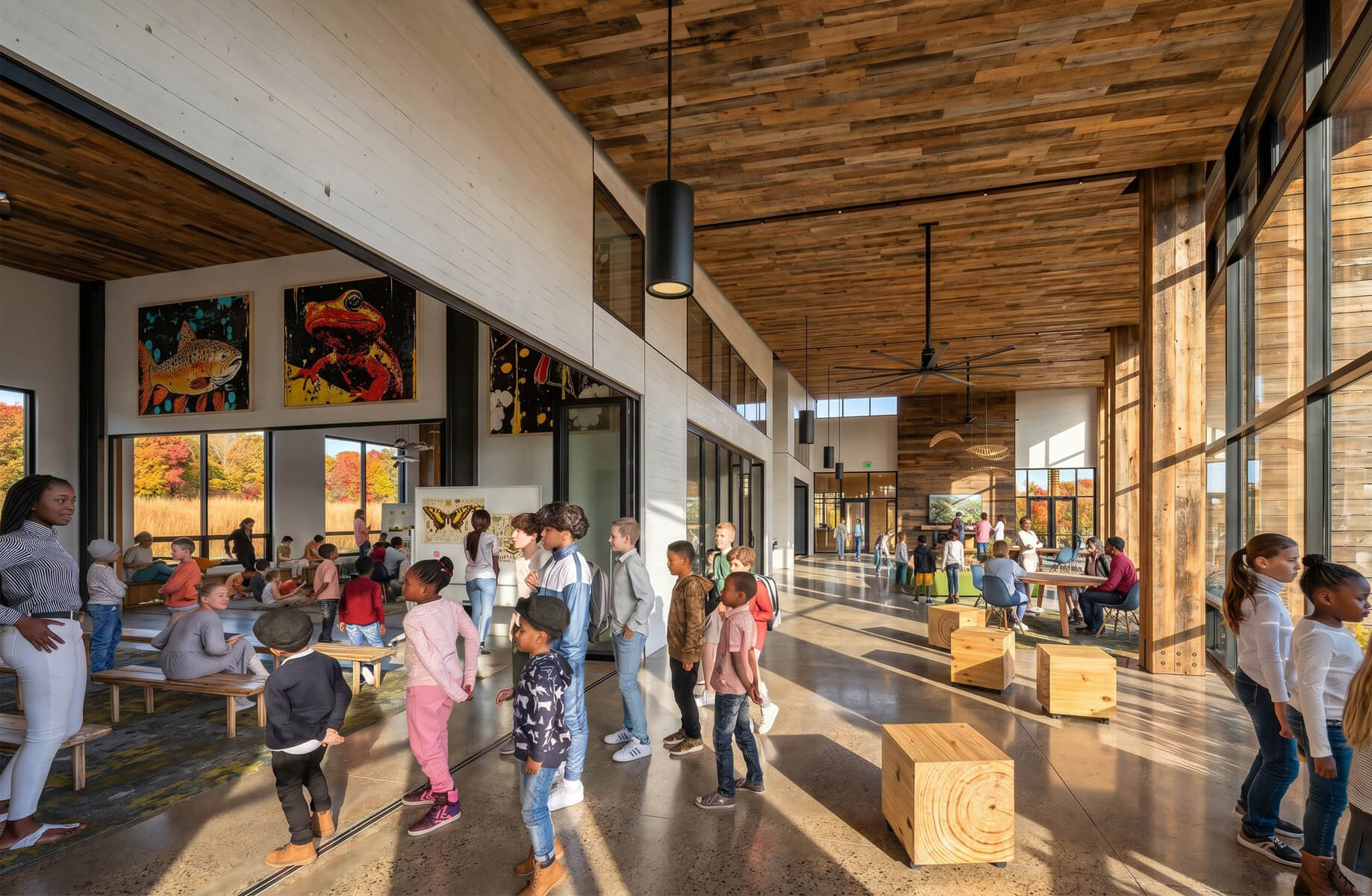 Interior view of a spacious educational facility with children engaging in activities, large windows, wooden features, and vibrant artwork on the walls.